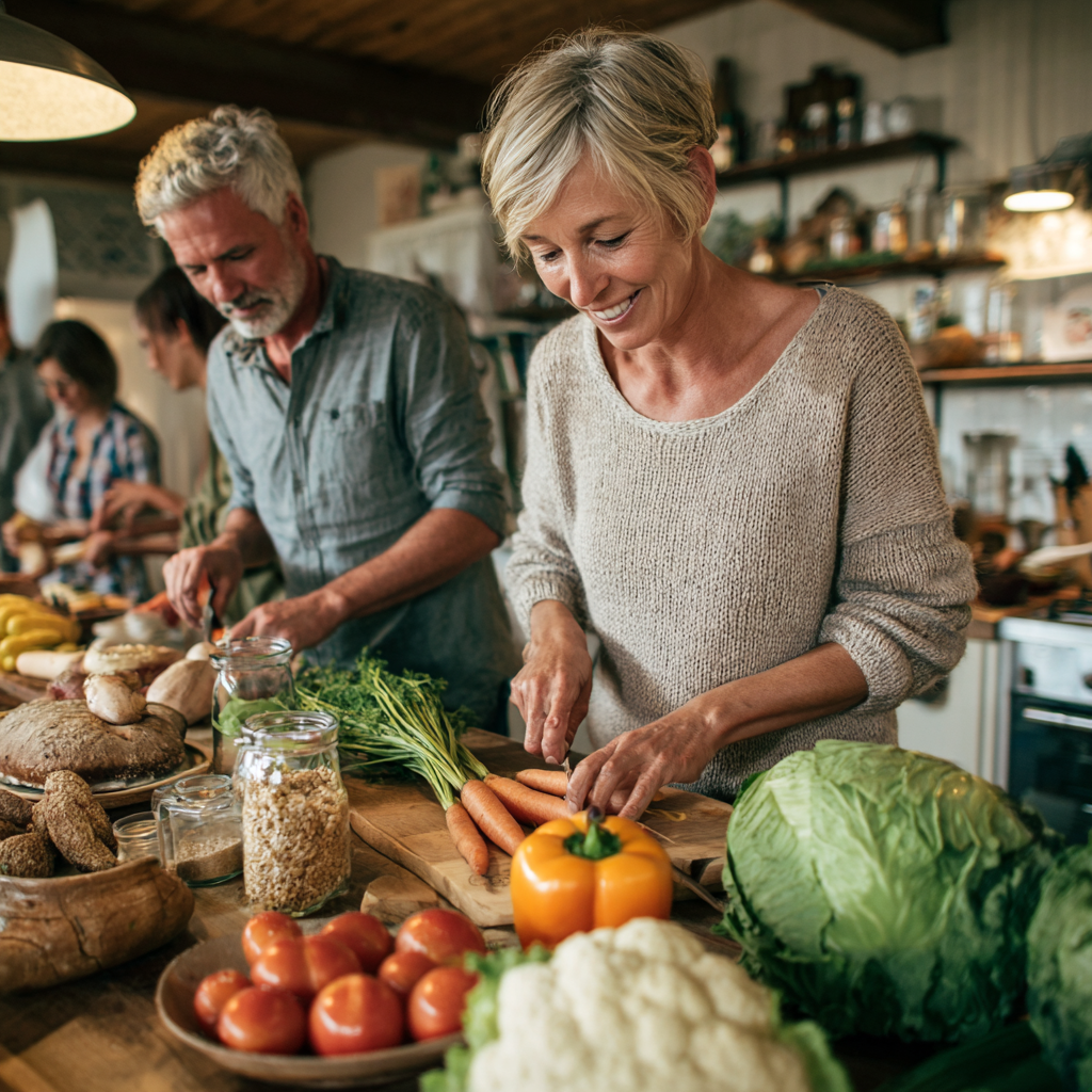 Middle-aged adults preparing fresh vegetables and whole grains in a bright kitchen