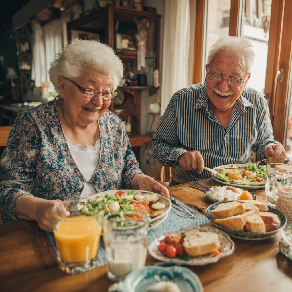 Older adults enjoying a balanced meal together at a wooden table with natural light